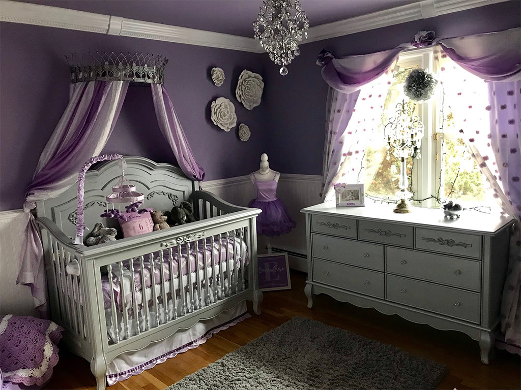 An all-out royal nursery in gray and purple featuring the made-for-a-princess nursery collection - The Evolur Aurora Nursery Collection