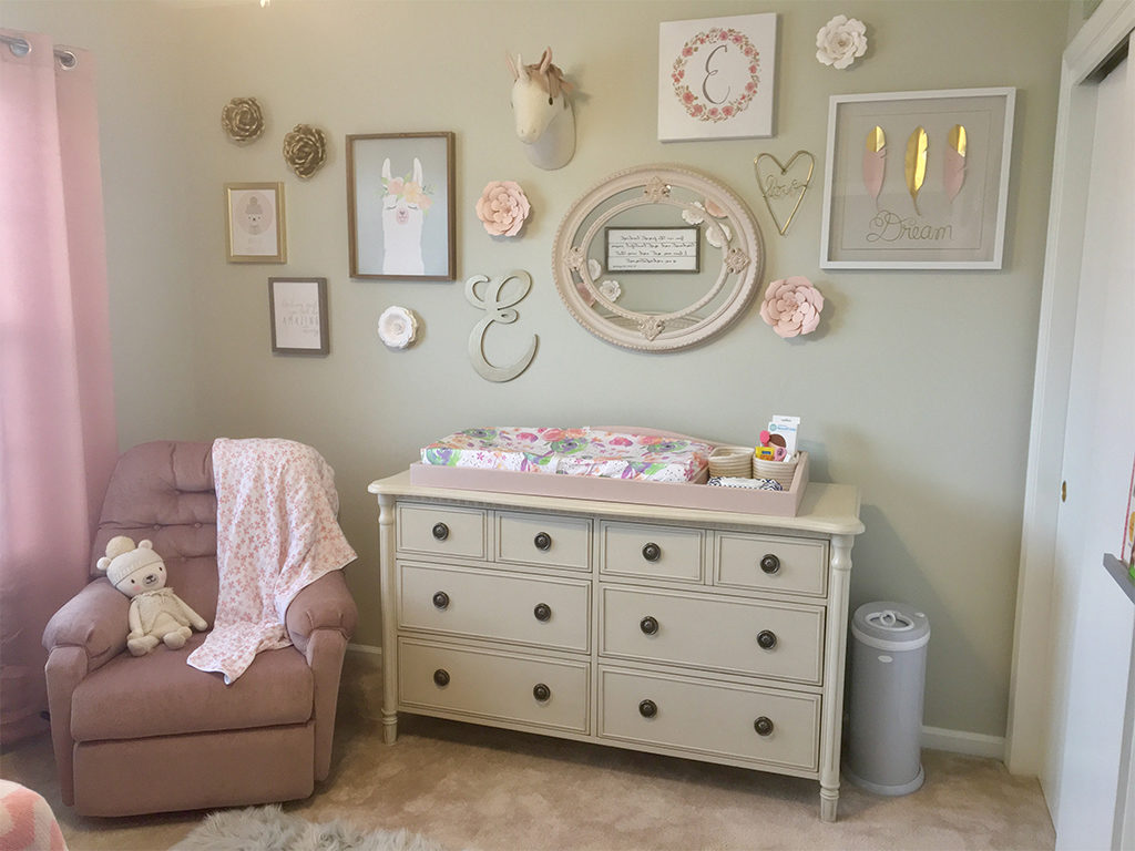 Adding pops of pink to a sophisticated beige nursery - Featured here is the Julienne Double Dresser in Cloud.