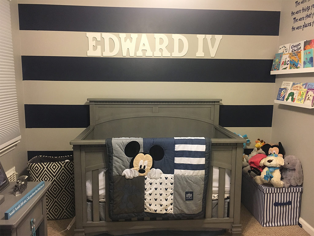 Blue and white stripes make for an attractive focal wall.