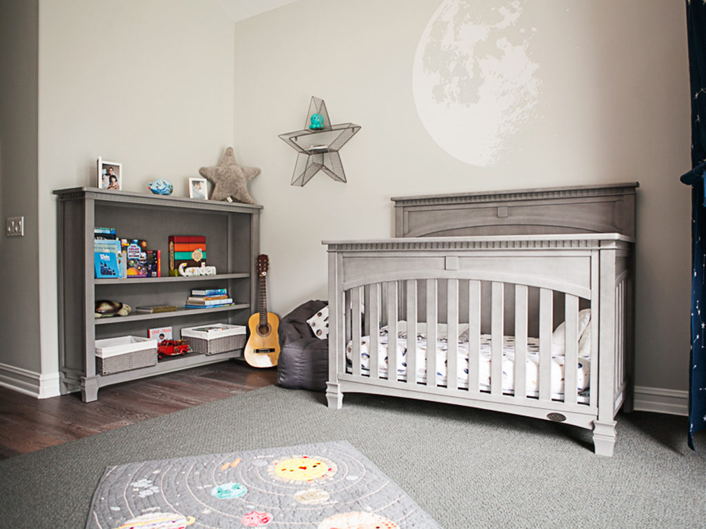 Celebrity mom Renee Hurlocker’s chic outer space themed nursery featuring the Santa Fe 5-in-1 Convertible Crib