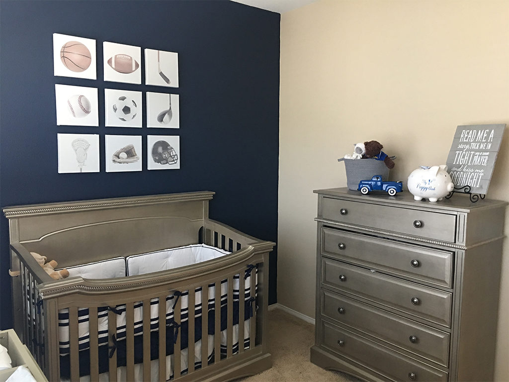 A class act - A sports themed nursery in a blue and gold color pallette