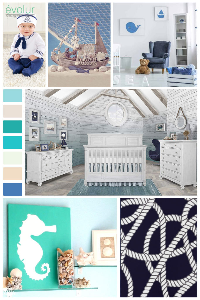 A coastal themed nursery board with the Cape May 5-in-1 Convertible Crib