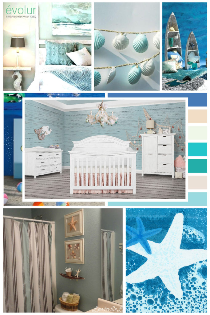 A calm and blissful beach themed nursery board with the Belmar (Curved Top) 5-in-1 Convertible Crib