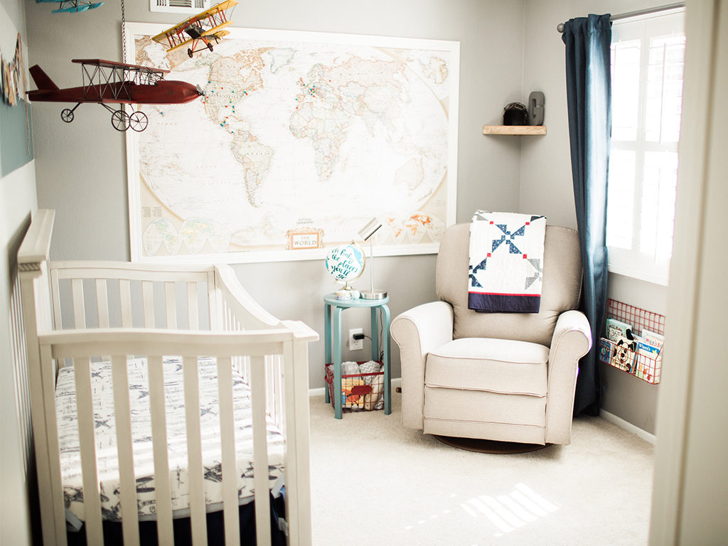 A timeless travel themed nursery - with the Evolur Windsor (Flat Top) 5-in-1 Convertible Crib