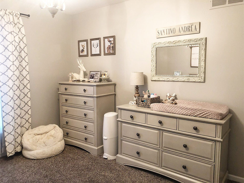 Redefining a rustic nursery - A deer themed nursery with the Evolur Windsor Double Dresser and Tall Chest