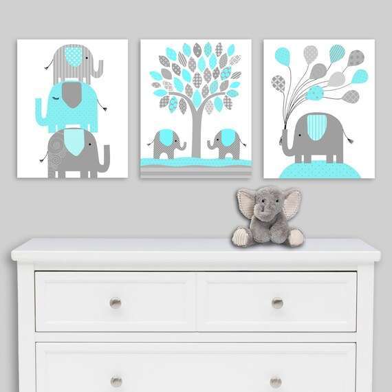 White, Gray and Aqua Elephant Nursery Decor